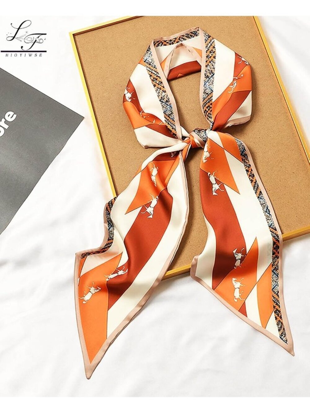 Women's Orange Printed Square Headscarf Bandanas Hair Scarf Neck Scarves - Picture 5 of 5